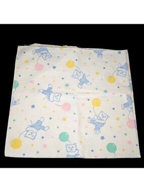 VTG Sears? Baby Receiving Blanket Flannel Teddy Bears Balloons Pastel 80s Stains